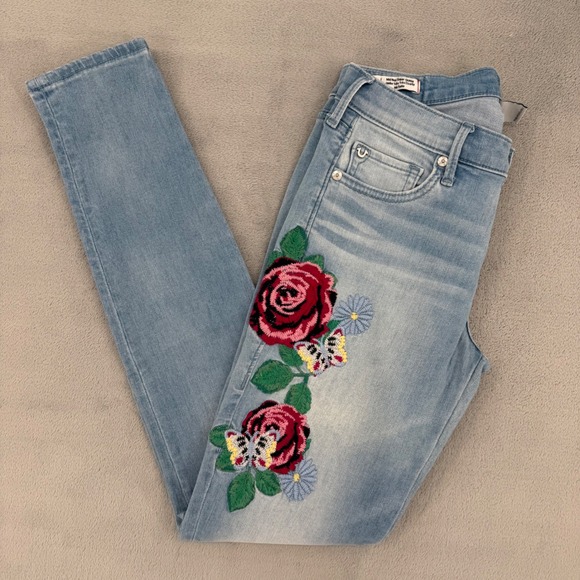 True Religion Denim - True Religion Halle Super Skinny Jeans Womens 25 Light Wash Floral Embroidered